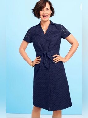 New TALBOTS Tie Front Shirt Dress Navy Blue Eyelet Shift Sheath Cotton Collared